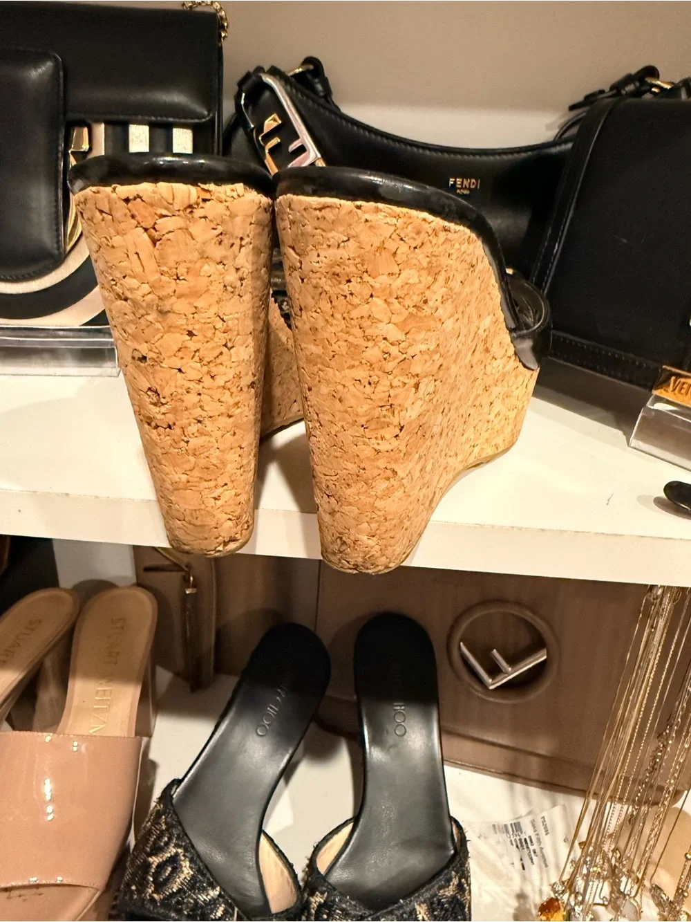 Jimmy Choo Womens Black Cork Wedge Slide Sandals w/ gold cap